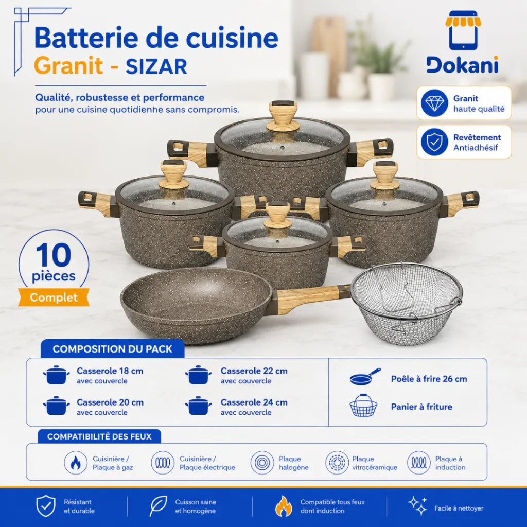 Batterie de Cuisine 10 Pièces Granit- Sizar- Grège.webp