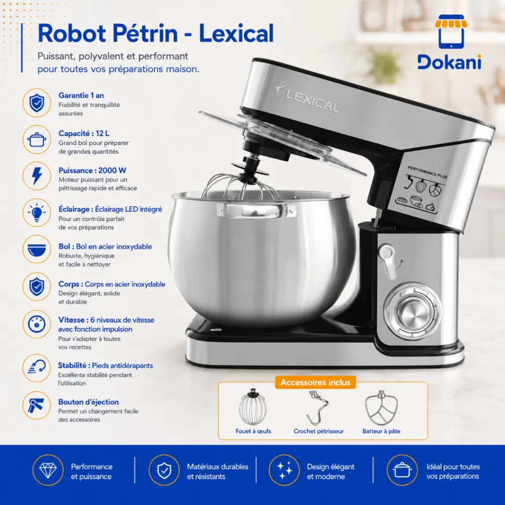 Robot Pétrin Lexical - 12 Litres - 2000W - Argent (2).webp