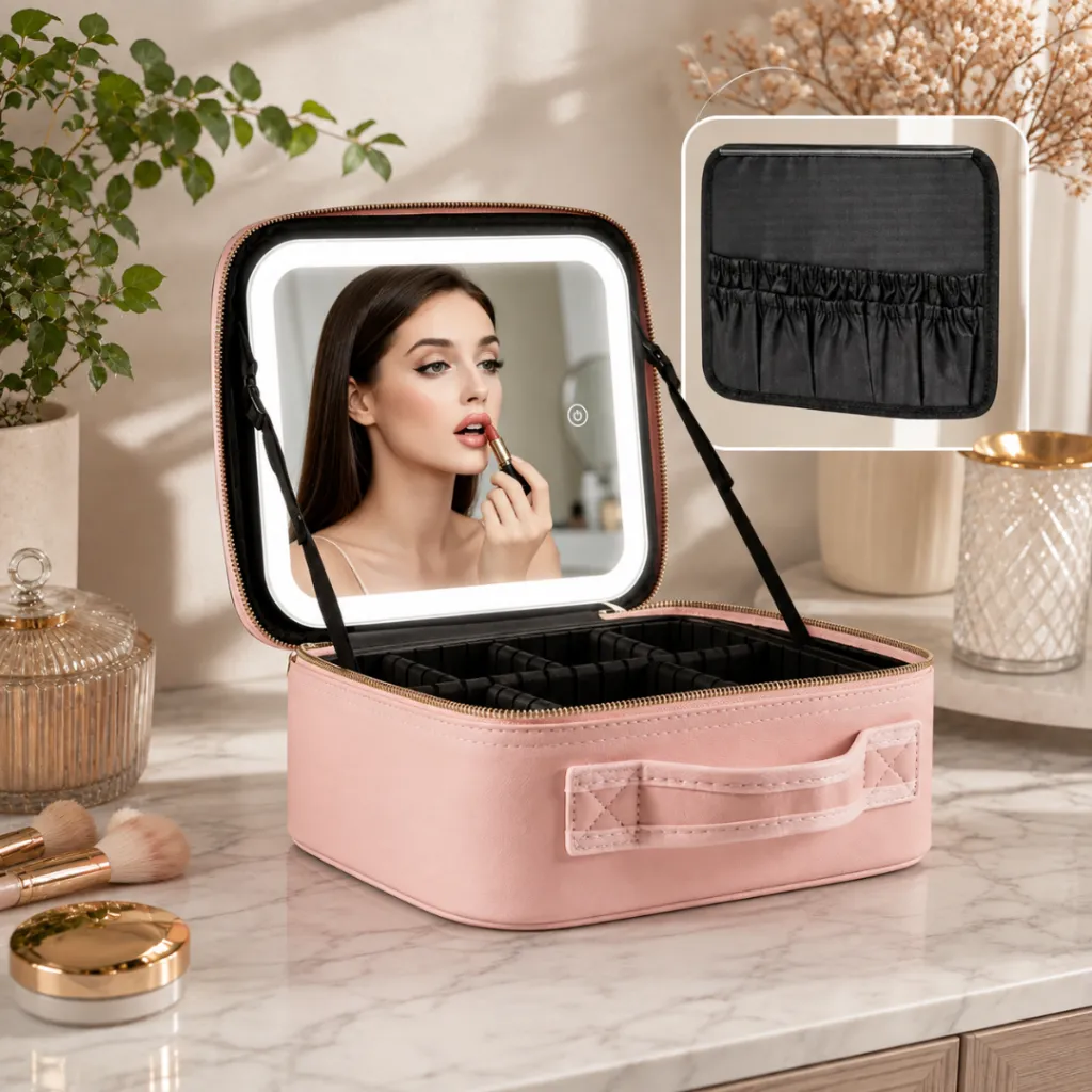 Organisateur De Maquillage Multifonctionnel Avec Miroir LED- Rose (3).webp