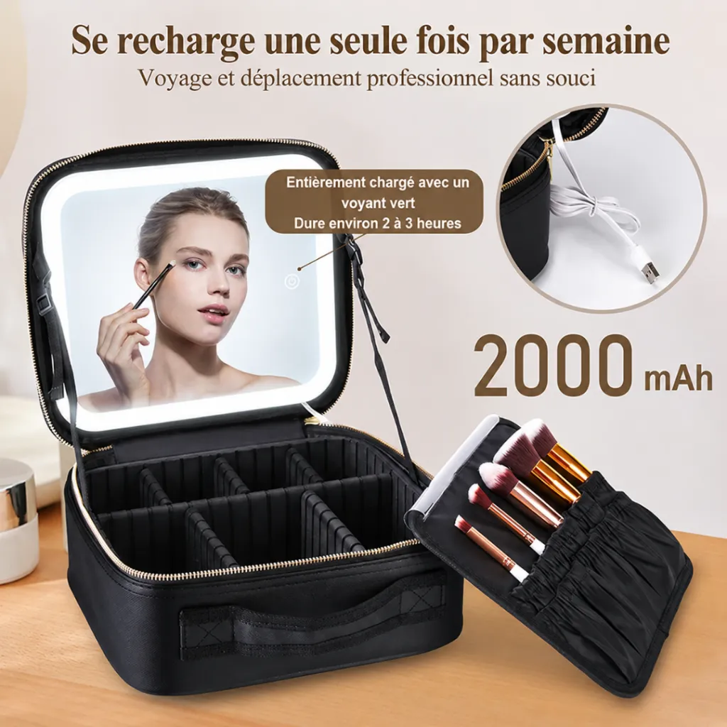 Organisateur De Maquillage Multifonctionnel Avec Miroir LED - Noir (5).webp