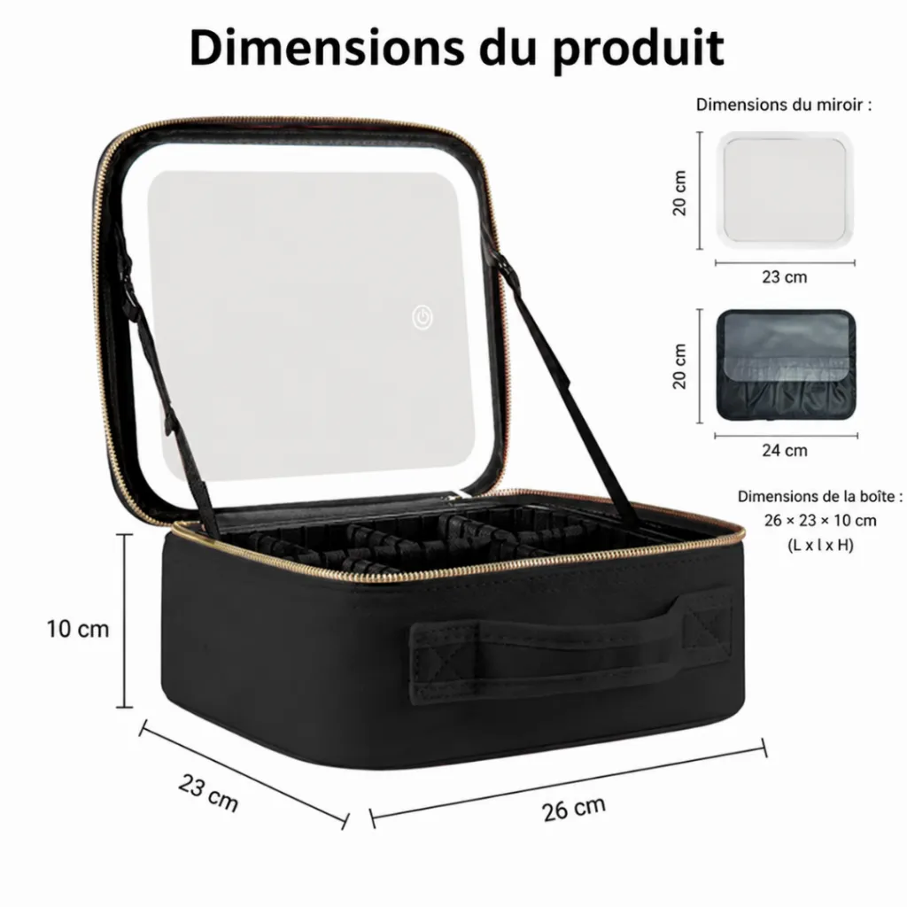 Organisateur De Maquillage Multifonctionnel Avec Miroir LED - Noir (8).webp