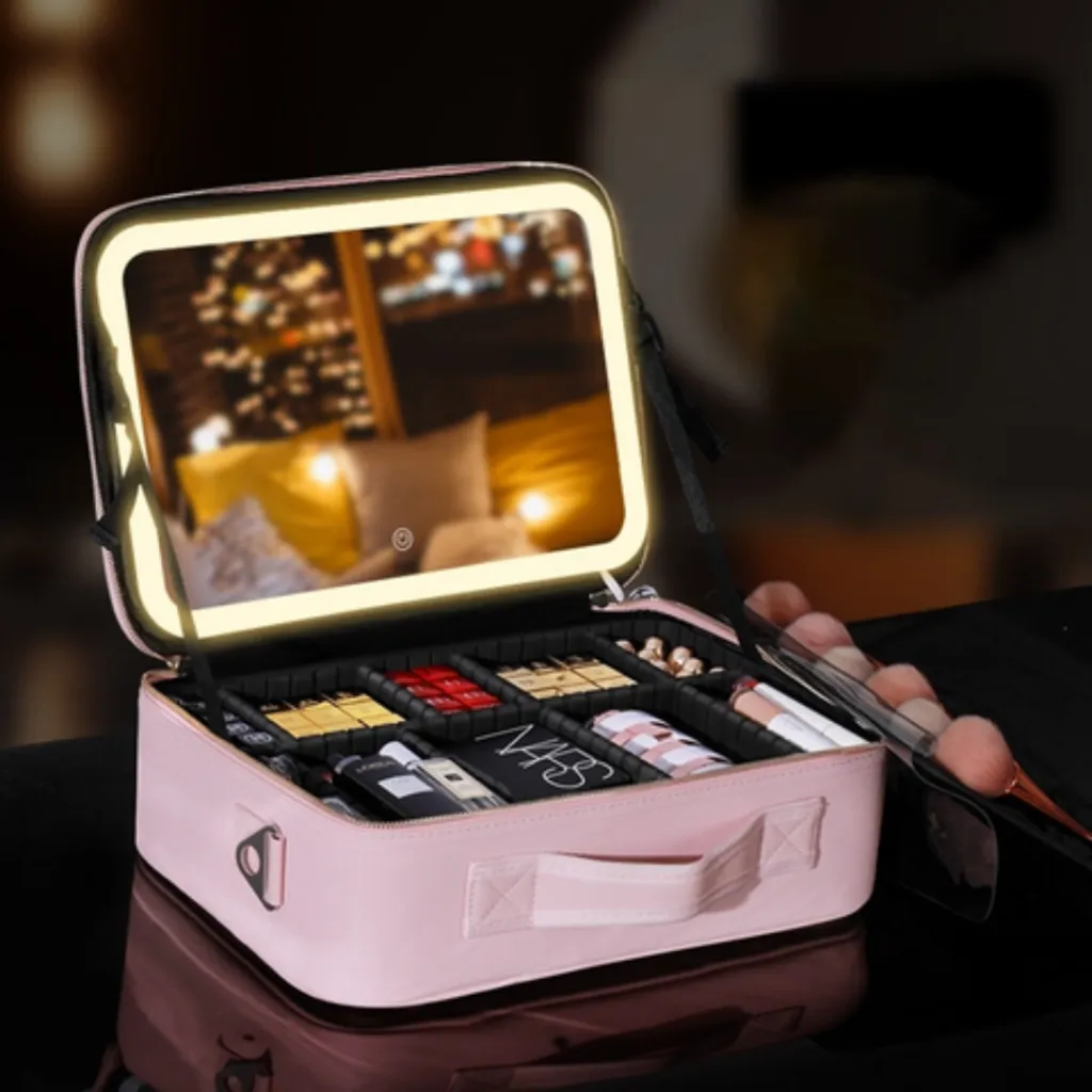 Organisateur De Maquillage Multifonctionnel Avec Miroir LED- Rose (4).webp
