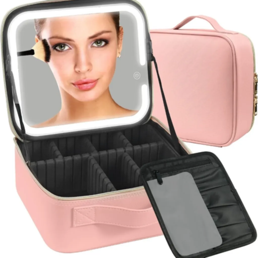 Organisateur De Maquillage Multifonctionnel Avec Miroir LED- Rose (1).webp