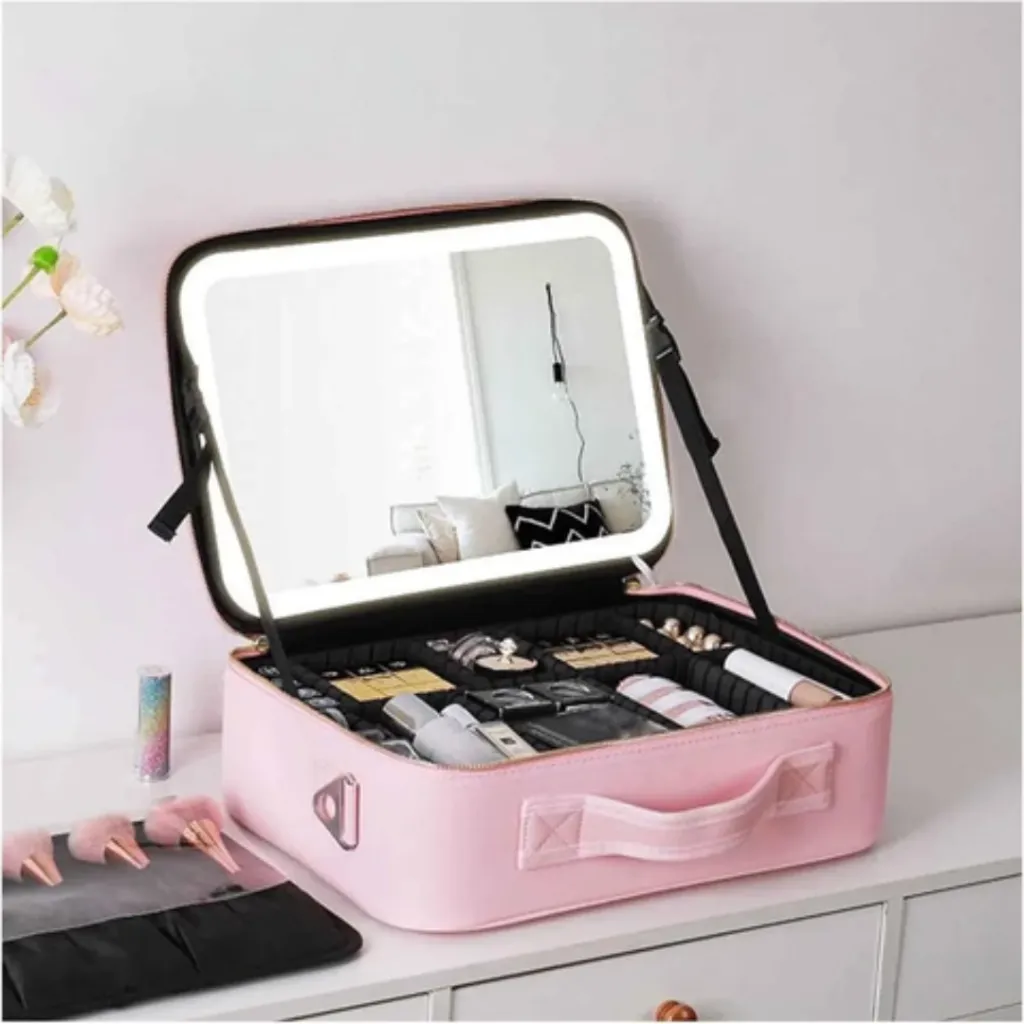 Organisateur De Maquillage Multifonctionnel Avec Miroir LED- Rose (6).webp