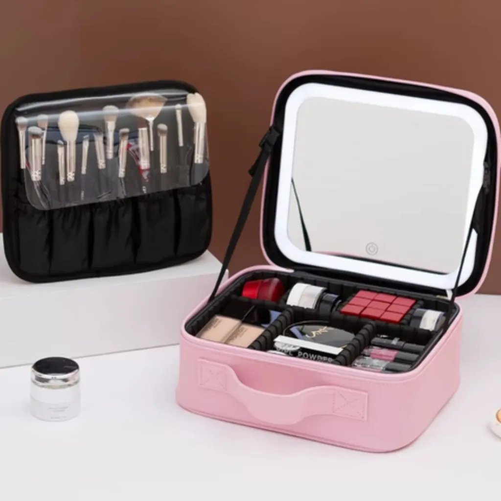 Organisateur De Maquillage Multifonctionnel Avec Miroir LED- Rose (8).webp