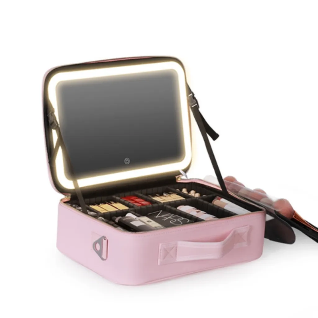 Organisateur De Maquillage Multifonctionnel Avec Miroir LED- Rose (7).webp