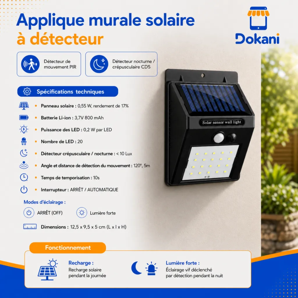 Applique Solaire Mural Avec Détecteur - 20 Led (2).webp