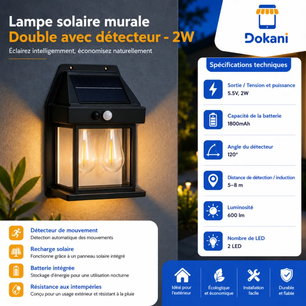 Lampe Solaire Murale Double Avec Détecteur -2W (3).webp