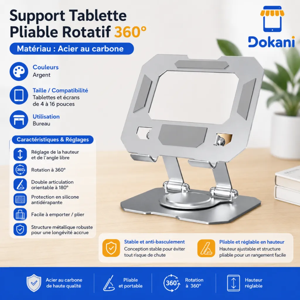 Support Tablette Pliable Rotatif 360°- Argent (4).webp