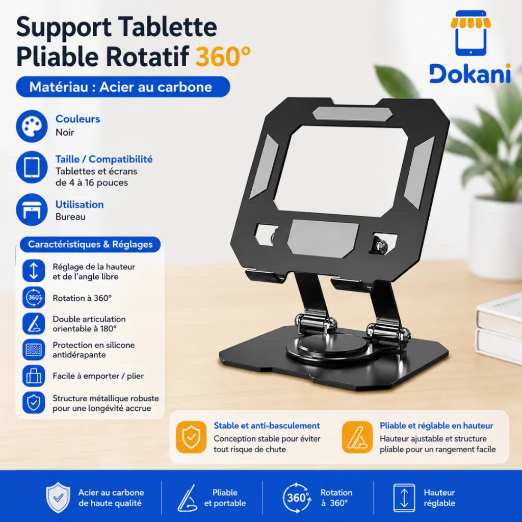 Support Tablette Pliable Rotatif 360°- Noir (3).webp