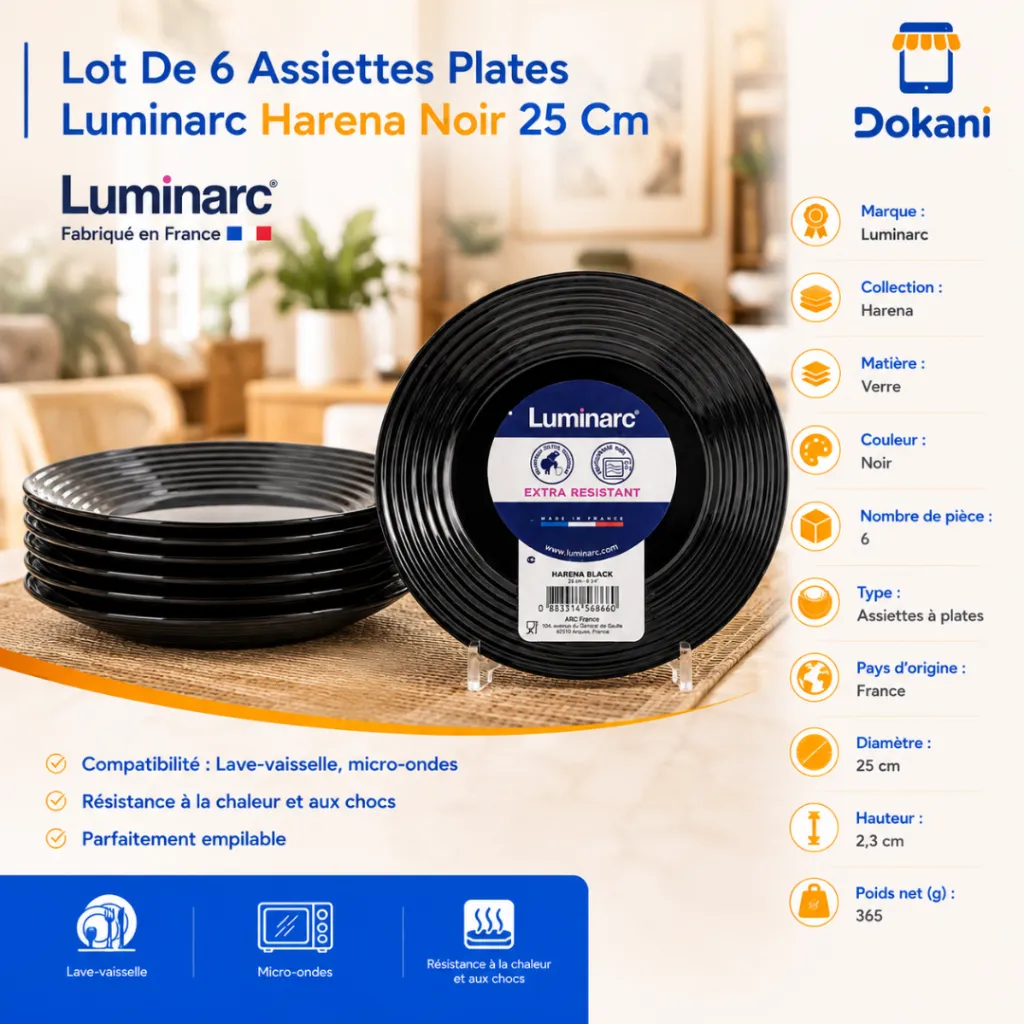 Lot De 6 Assiettes Plates Luminarc Harena Noir 25 cm (1).webp