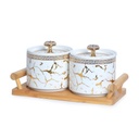 Ensemble de 2 Boîtes en Céramique Blanc Marbré Doré avec Support en Bois