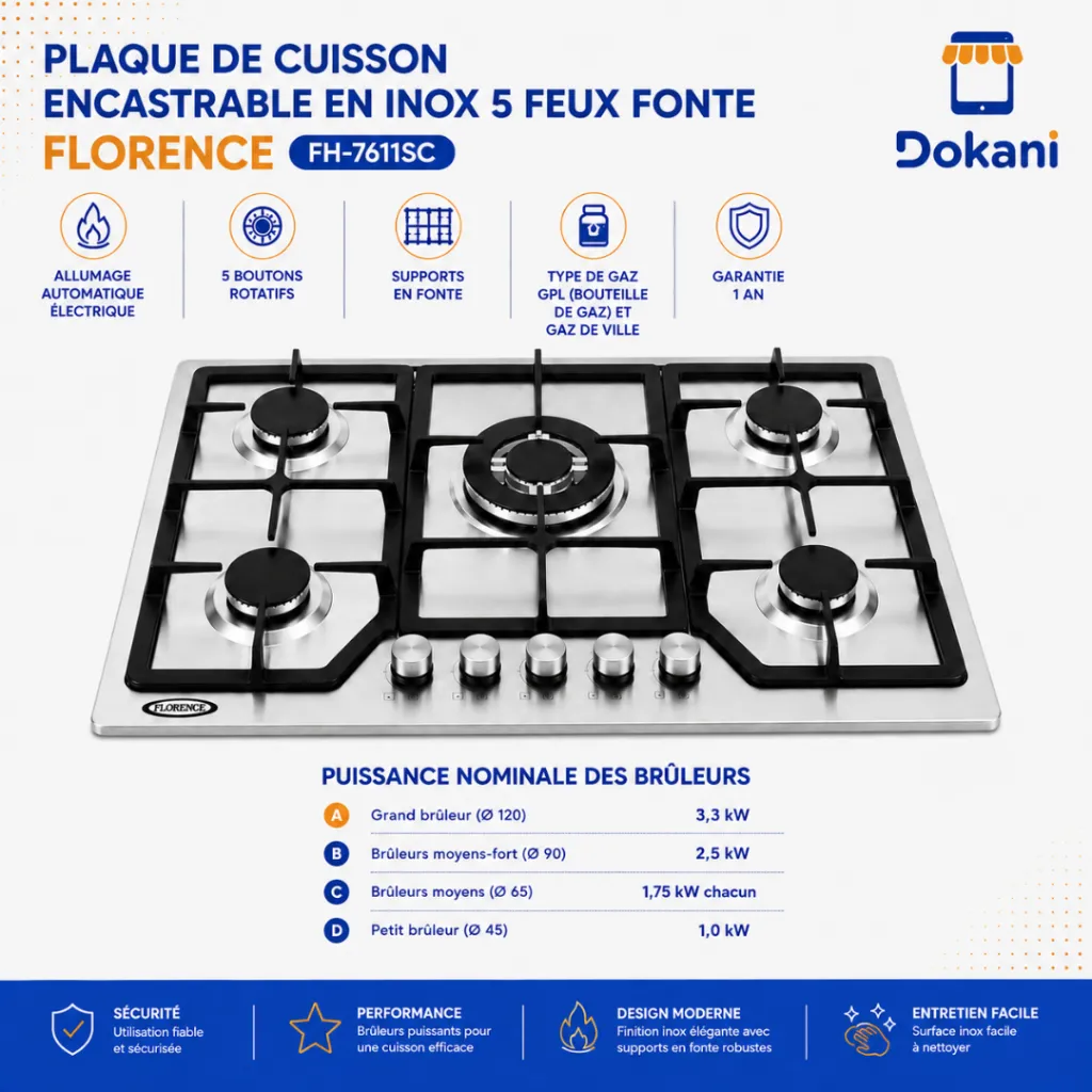 Plaque De Cuisson Encastrable En Inox 5 Feux Fonte- Florence (5).webp