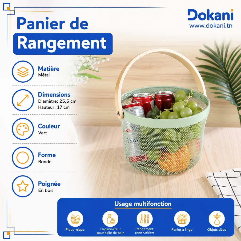 Panier de Rangement Rond en Métal Vert.webp