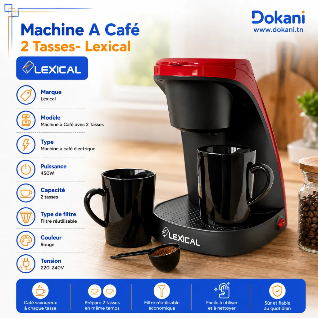 Machine a Café Avec 2 Tasses Lexical 450W Rouge (2).webp