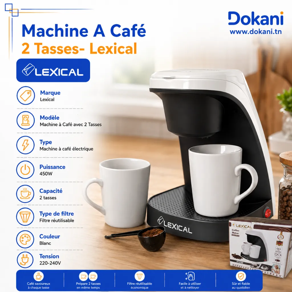 Machine a Café Lexical Avec 2 Tasses 450W Blanc.webp