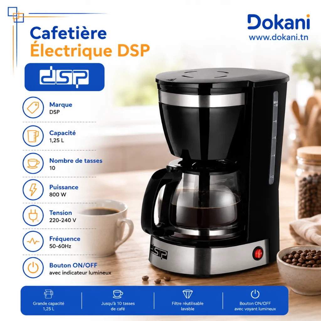 Cafetière Électrique DSP 1,25L - 800W - 10 Tasses - Noir (2).webp