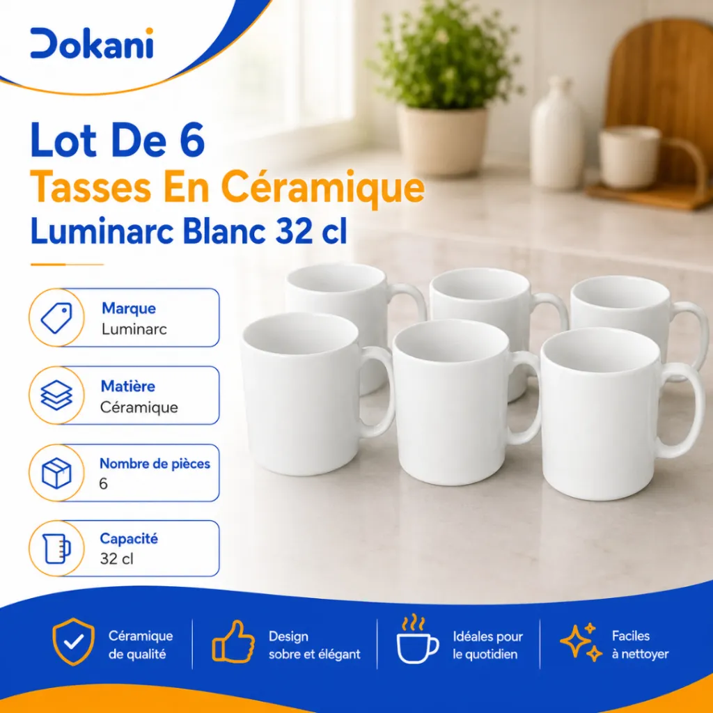 Lot De 6 Tasses En Céramique Luminarc Blanc 32 cl.webp