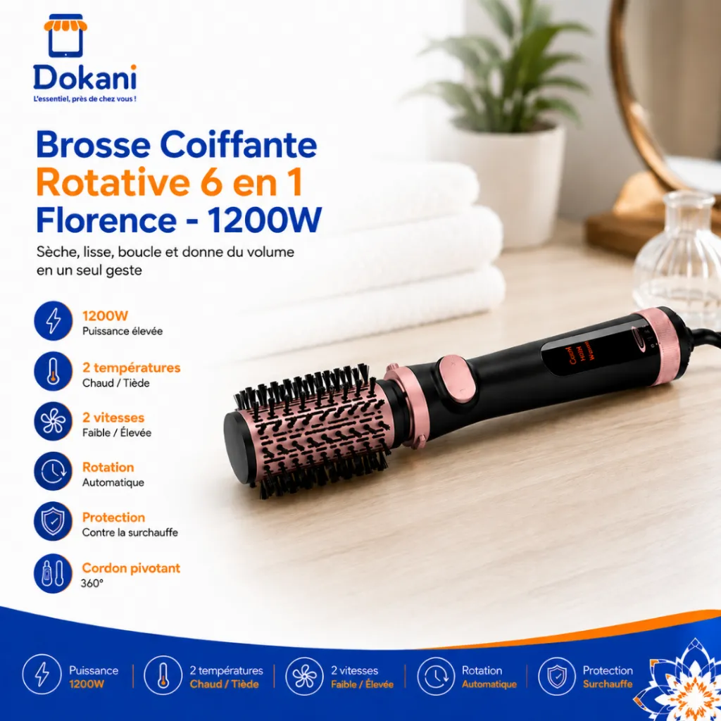 Brosse coiffante rotative Florence 6 en 1 1200W avec accessoires de coiffage - Dokani Tunisie (2).webp
