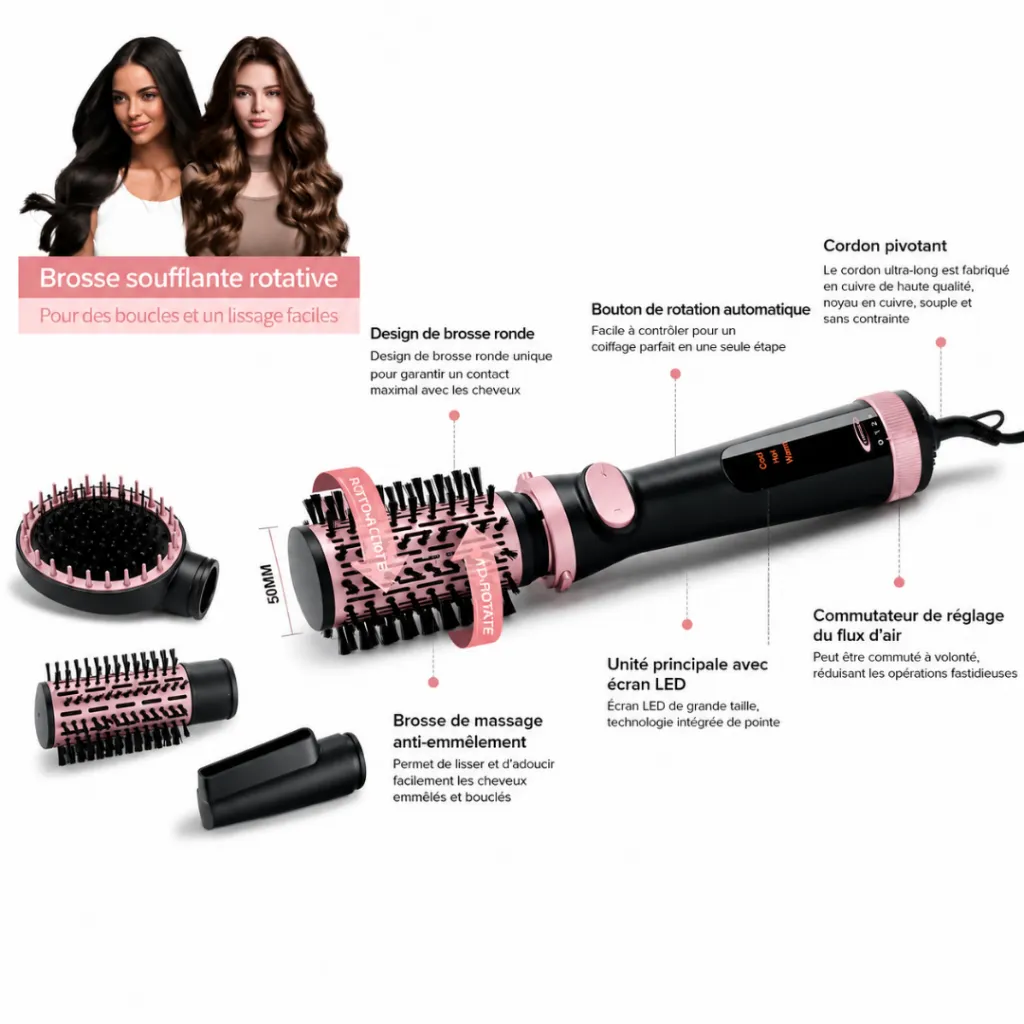 Brosse coiffante rotative Florence 6 en 1 1200W avec accessoires de coiffage - Dokani Tunisie (1).webp