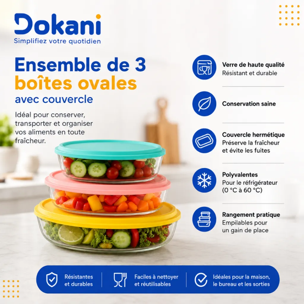 Ensemble de 3 Boîtes Ovales En Verre Avec Avec Couvercles.webp