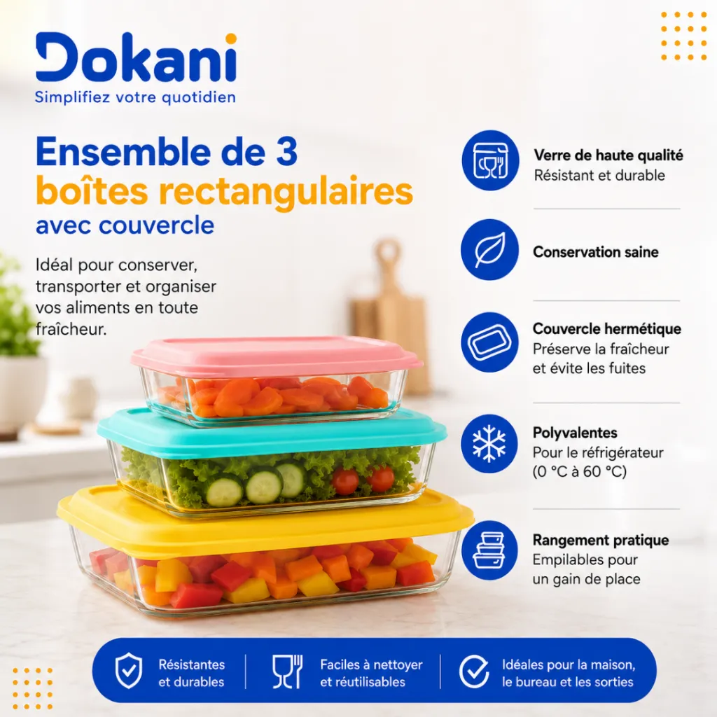 Ensemble de 3 Boîtes Rectangulaires En Verre Avec Couvercles.webp
