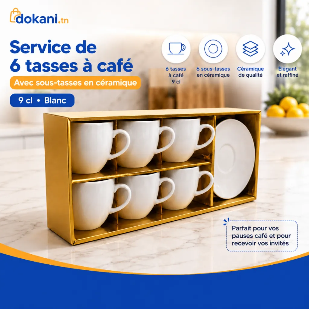 Service De 6 Tasses A Café Avec Sous-Tasses En Céramique – 9 cl- Blanc (3).webp