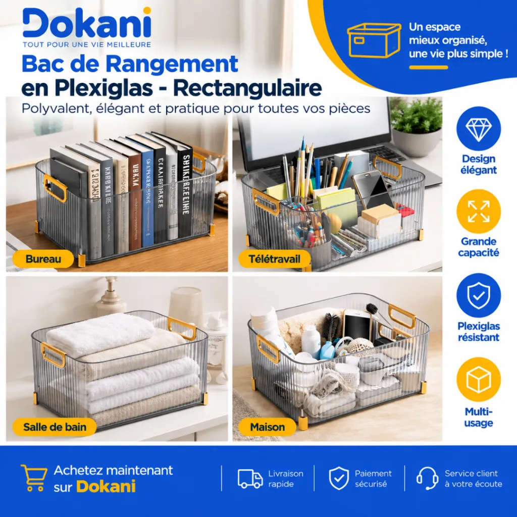 Bac de rangement rectangulaire en plexiglas gris fumé 37 cm avec poignées et pieds dorés - Dokani Tunisie.webp