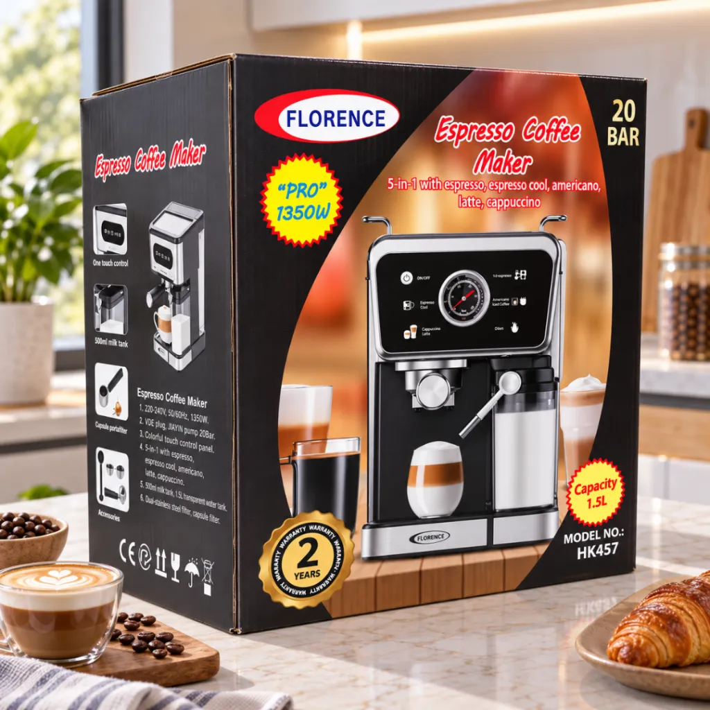 Machine A Café 5 en 1 Florence 1350W HK457 Avec Afficheur LED – Expresso & Capsules (1).webp