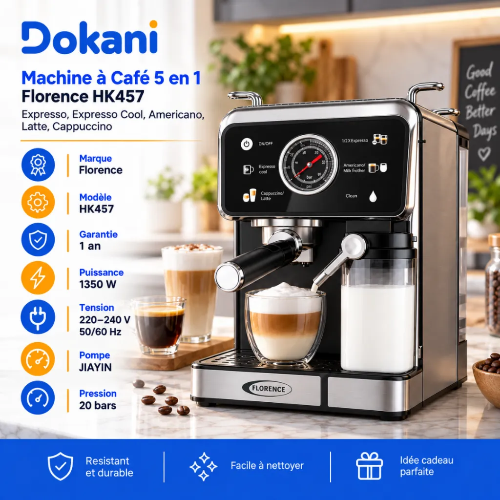 Machine A Café 5 en 1 Florence 1350W HK457 Avec Afficheur LED – Expresso & Capsules (2).webp
