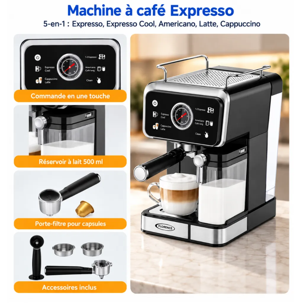 Machine A Café 5 en 1 Florence 1350W HK457 Avec Afficheur LED – Expresso & Capsules (3).webp