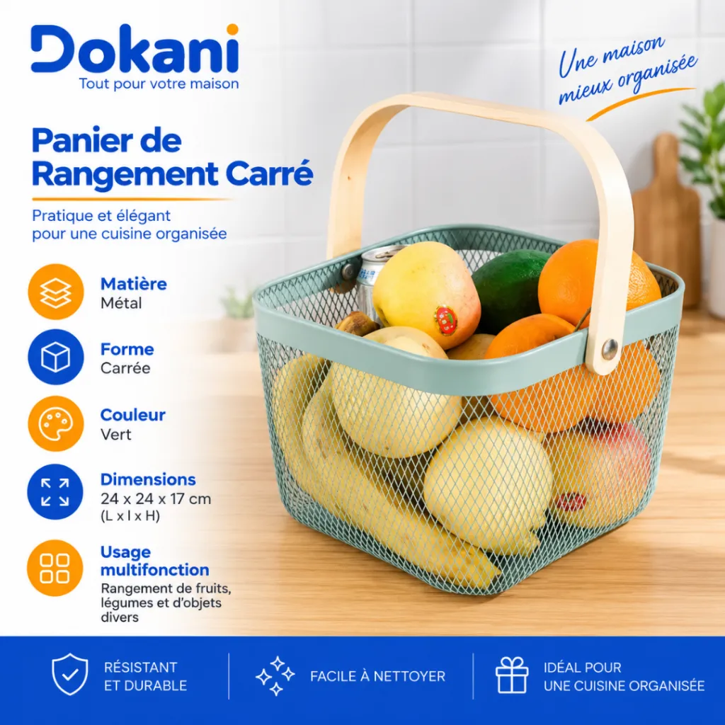 Panier de Rangement Carré  en Métal - Vert.webp