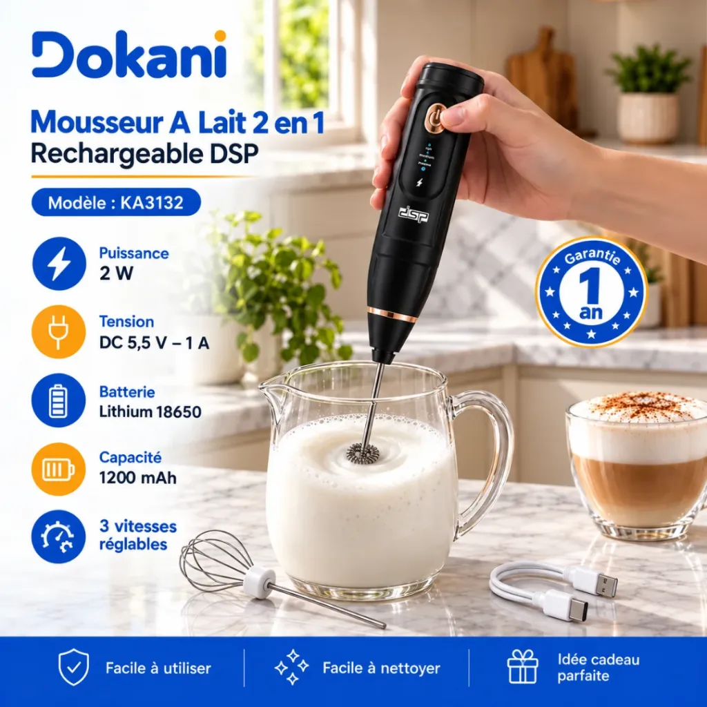 Mousseur à Lait 2 en 1 Rechargeable DSP 2W - Noir (1).webp