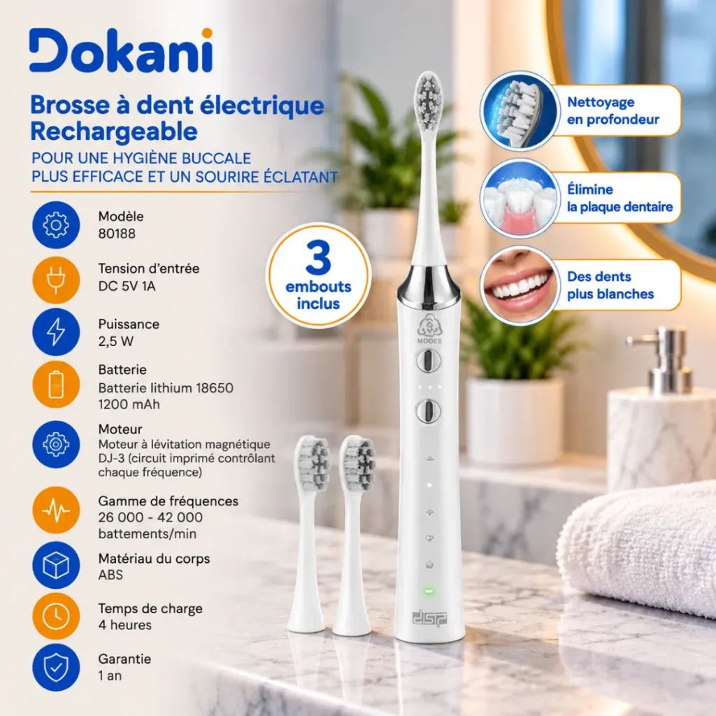 Brosse A Dents Electrique DSP- Rechargeable & Sans Fil- Blanc (2).webp