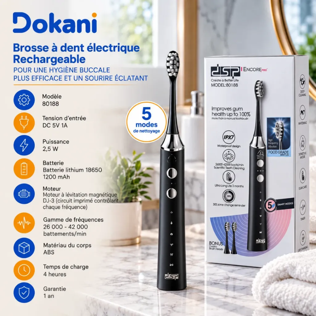 Brosse A Dents Electrique DSP- Rechargeable & Sans Fil- Noir (2).webp