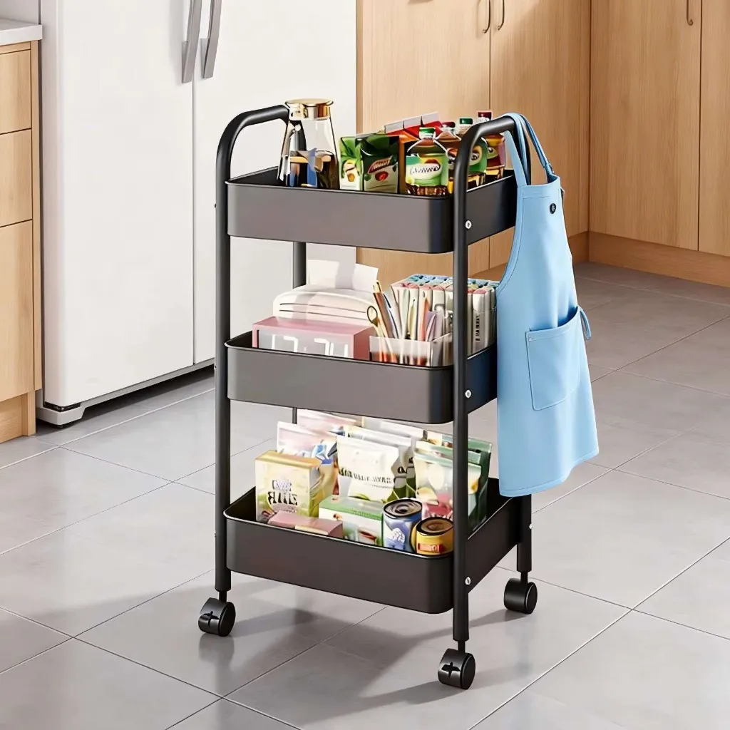 Chariot de Rangement De Cuisine Mobile En Métal à 3 Niveaux - Noir4.webp