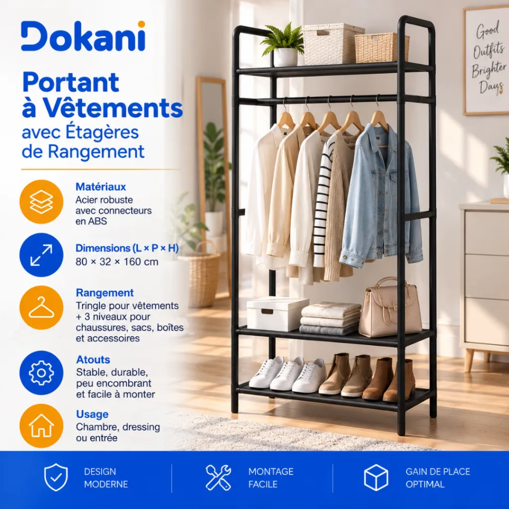 Portant A Vêtements- 4 Niveaux de Rangement - Noir (2).webp
