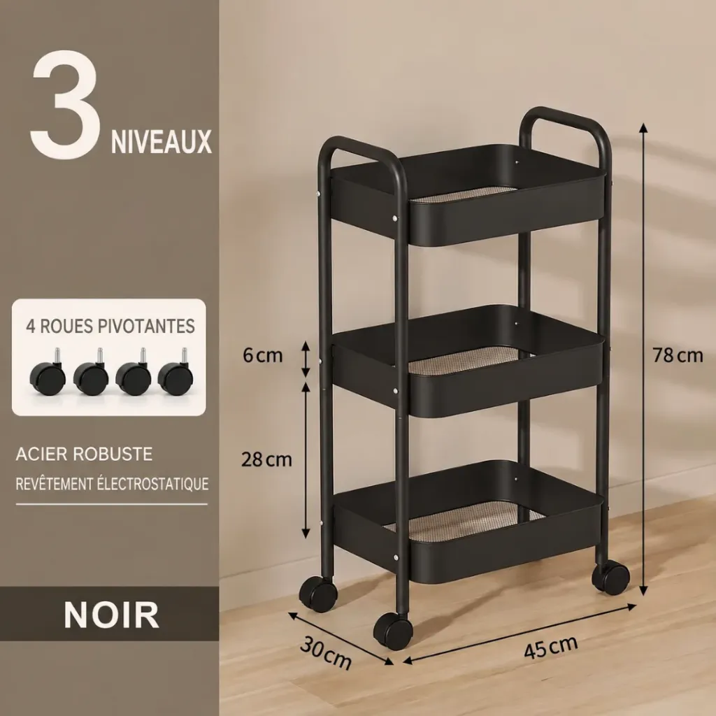 Chariot De Rangement Mobile En Métal- 3 Niveaux - Noir (4).webp
