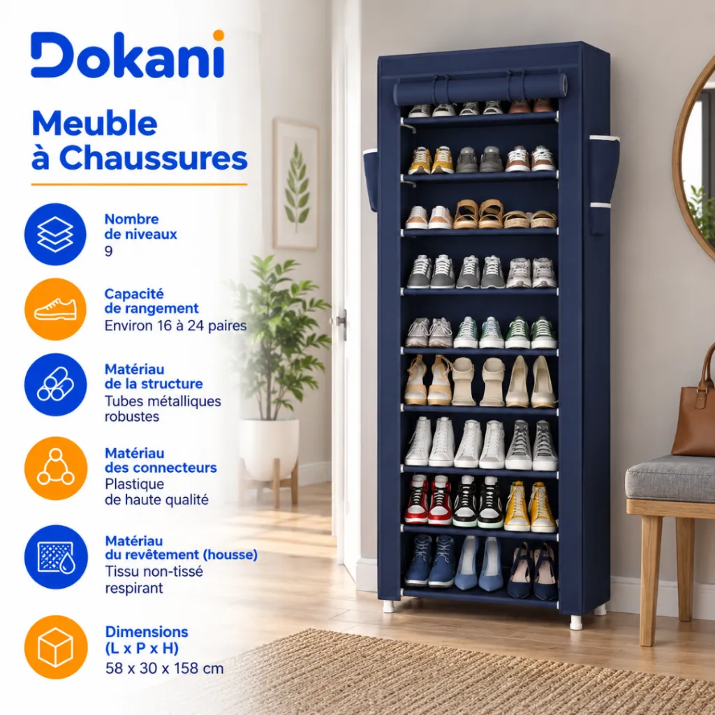 Meuble A Chaussures- 9 Etagères - Bleu - 58 x 30 x 158 cm.webp