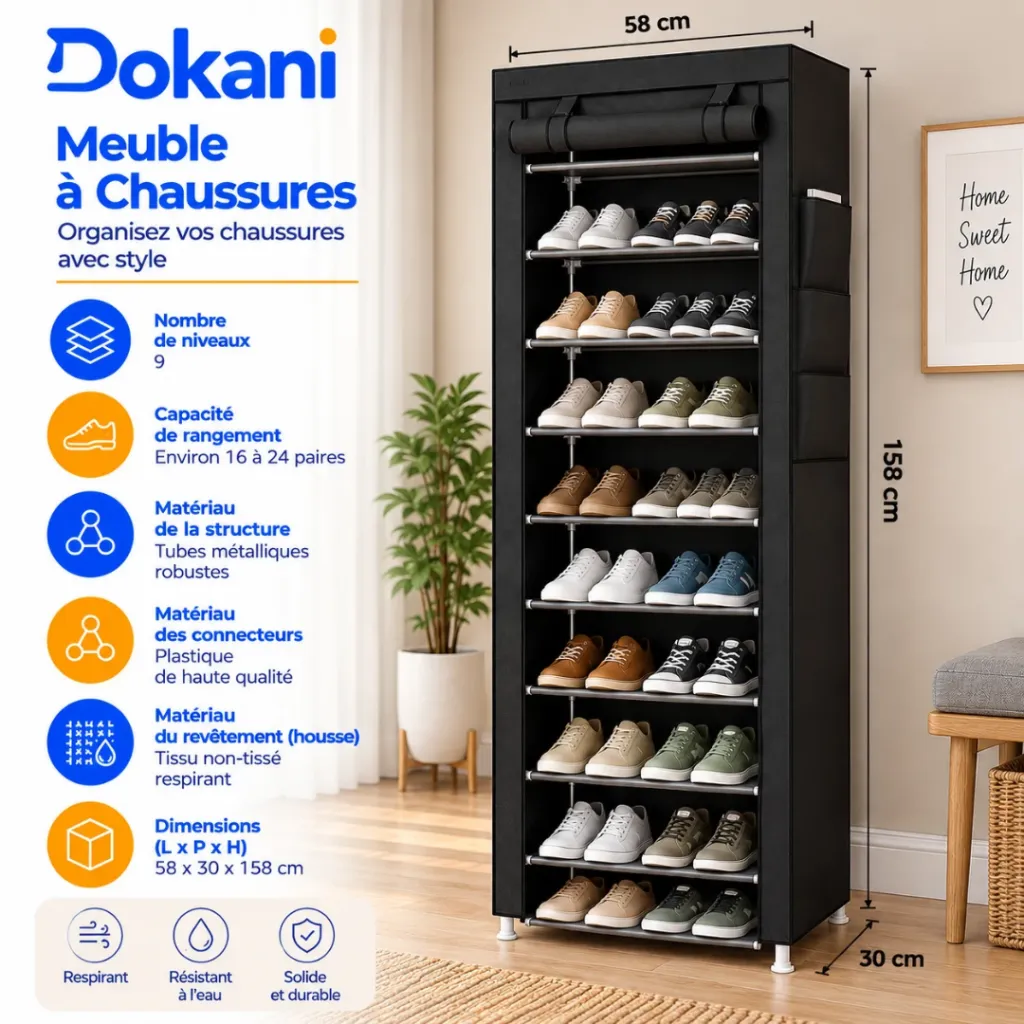Meuble A Chaussures- 9 Niveaux - Noir - 58 x 30 x 158 cm.webp