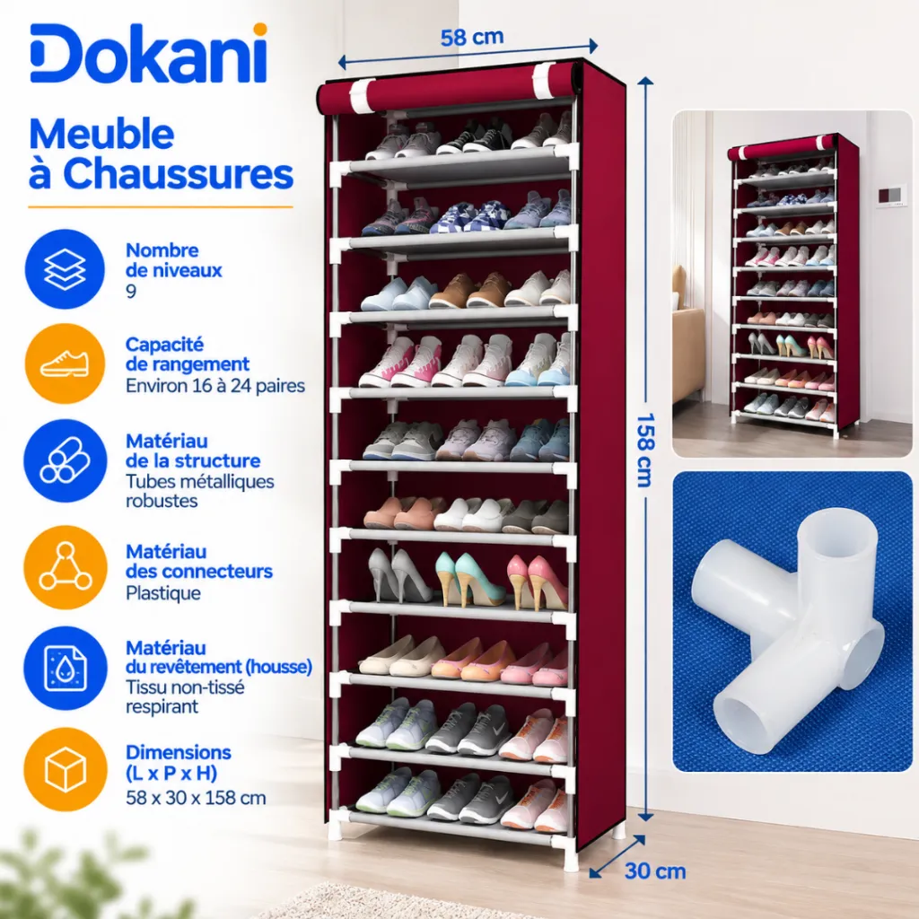 Meuble A Chaussures- 9 Niveaux - Rouge - 58 x 30 x 158 cm.webp
