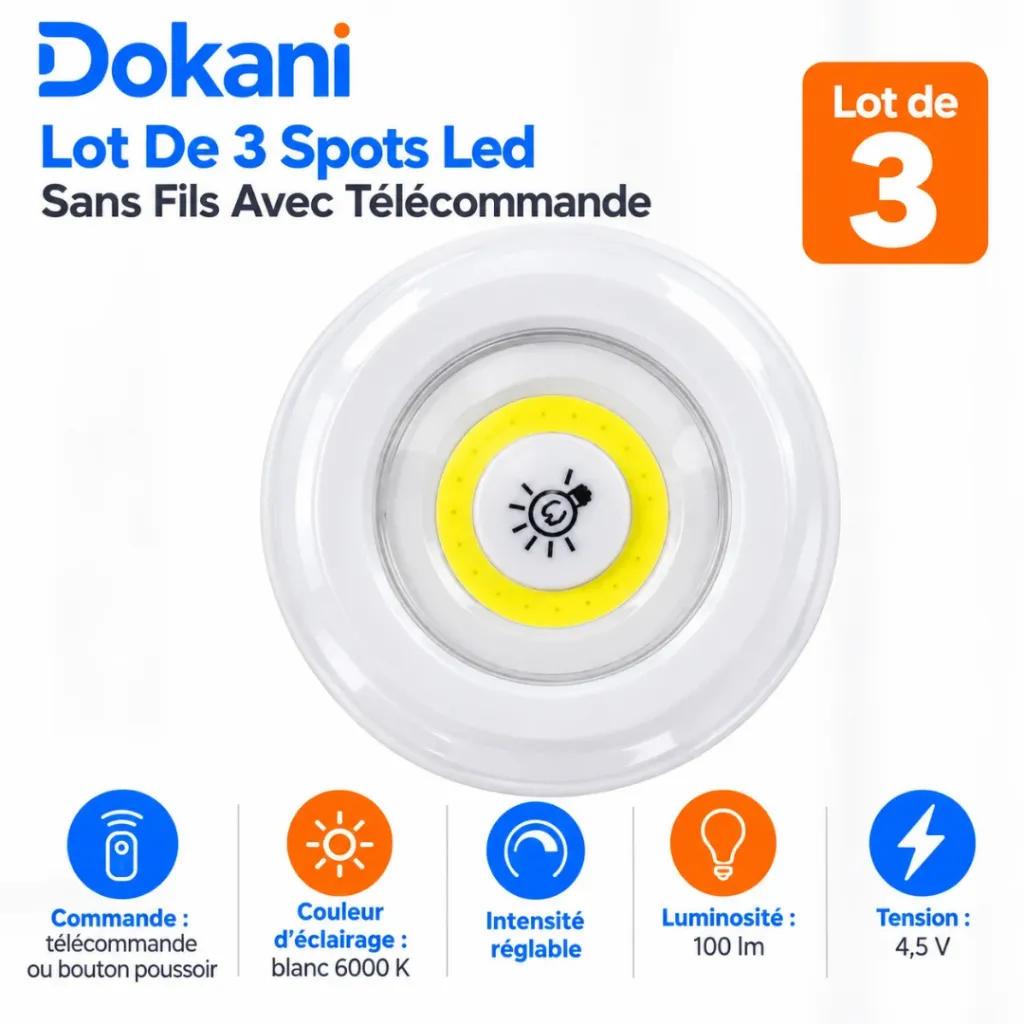 Lot De 3 Spots Led Sans Fils Avec Télécommande- Rond (2).webp