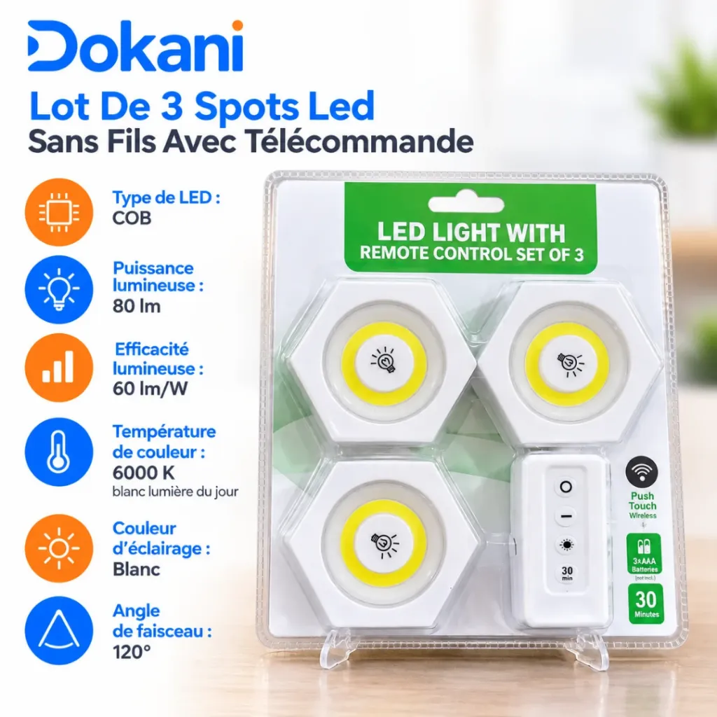 Lot De 3 Spots Led Sans Fils Avec Télécommande- Hexagonal (3).webp