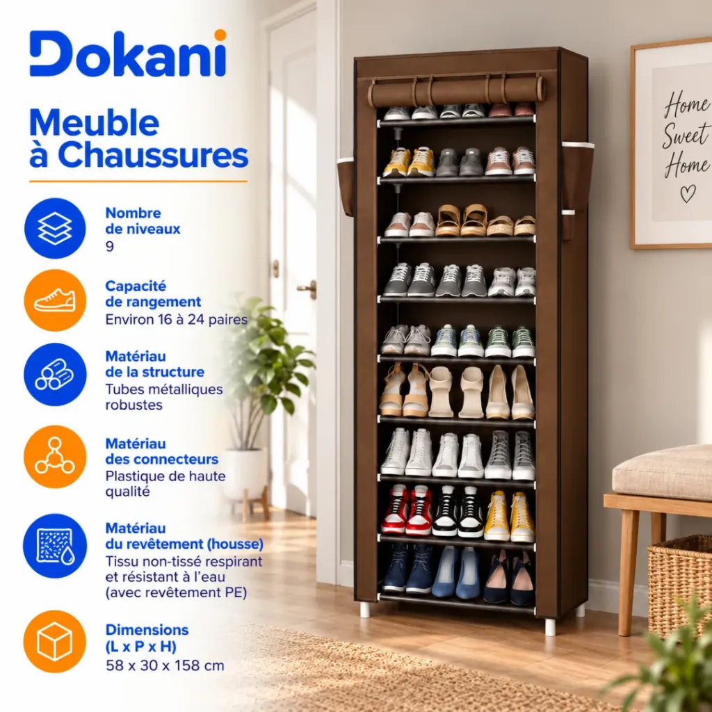 Porte Chaussures- 9 Etagères - Marron - 58 x 30 x 158 cm (1).webp