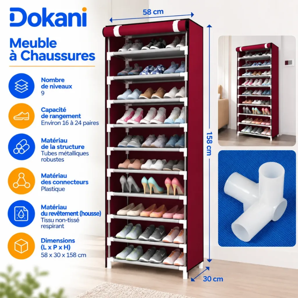 Porte Chaussures- 9 Etagères - Rouge - 58 x 30 x 158 cm (2).webp