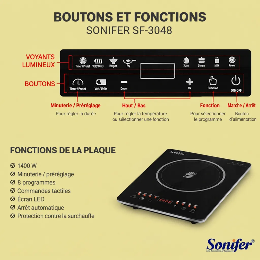 Plaque de Cuisson Led Tactile Sonifer - 1400 W