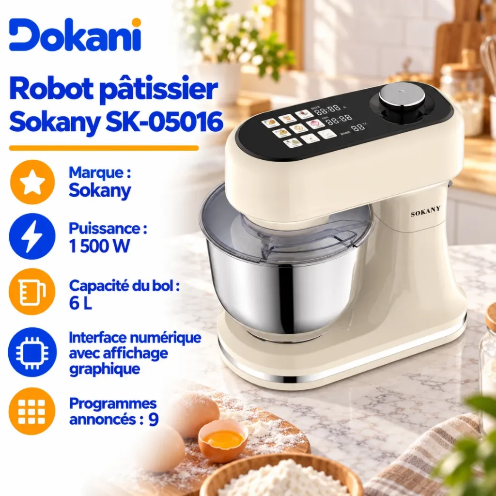 Robot Pâtissier Avec Ecran Digital Sokany- 6 L - 1500 W.webp