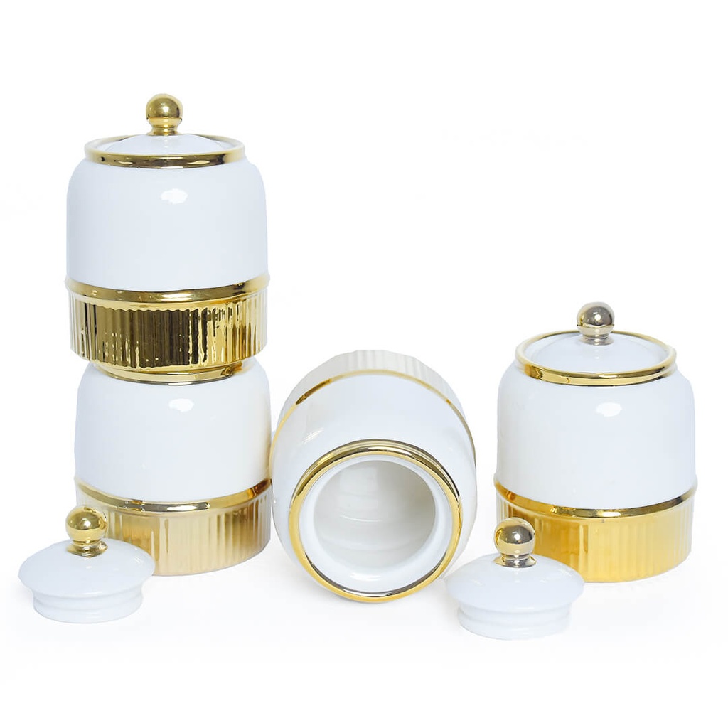 Ensemble de 7 pots à épices en céramique Blanc&Doré  Avec Support Doré 