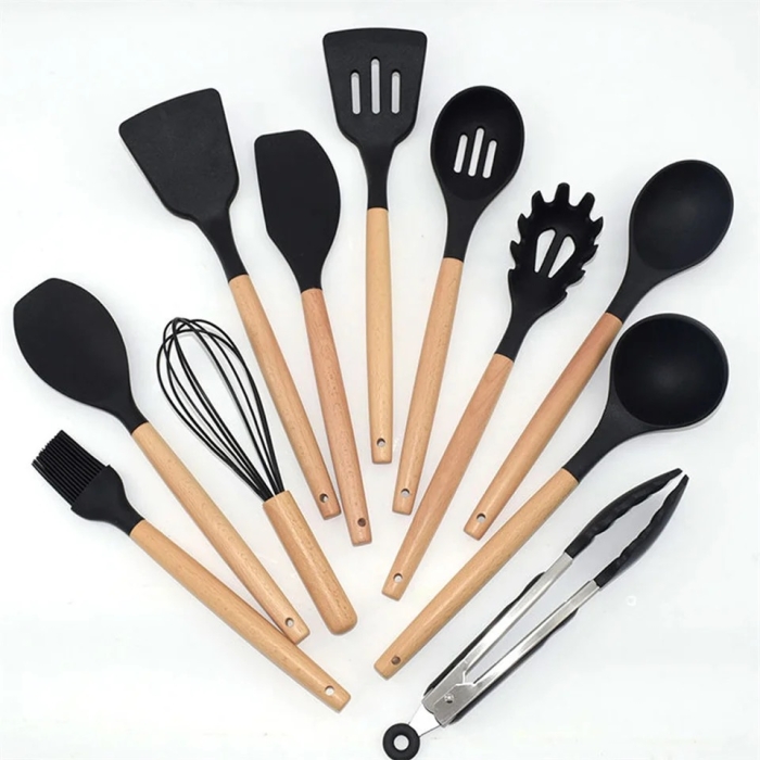 Set D'ustensiles De Cuisine 12 Pièces En Silicone - Noir