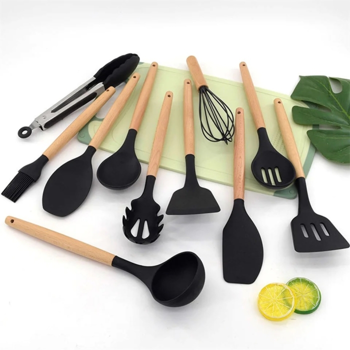 Set D'ustensiles De Cuisine 12 Pièces En Silicone - Noir